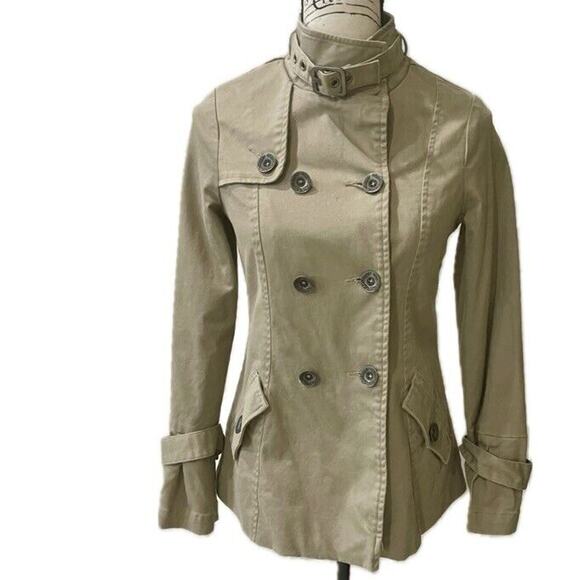 Y2K OAKLEY TRENCH COAT KHAKI SZ XS PEA COAT MILITARY STYLE VERSATILE AESTHETIC - Picture 2 of 16